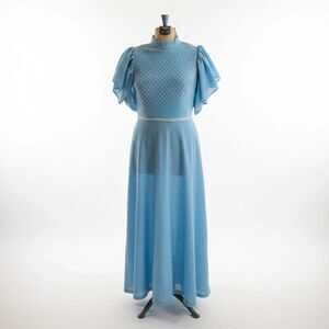 Vintage 60s Lurex Metallic Blue Maxi Disco Puffed Sleeves Transparent Size Small